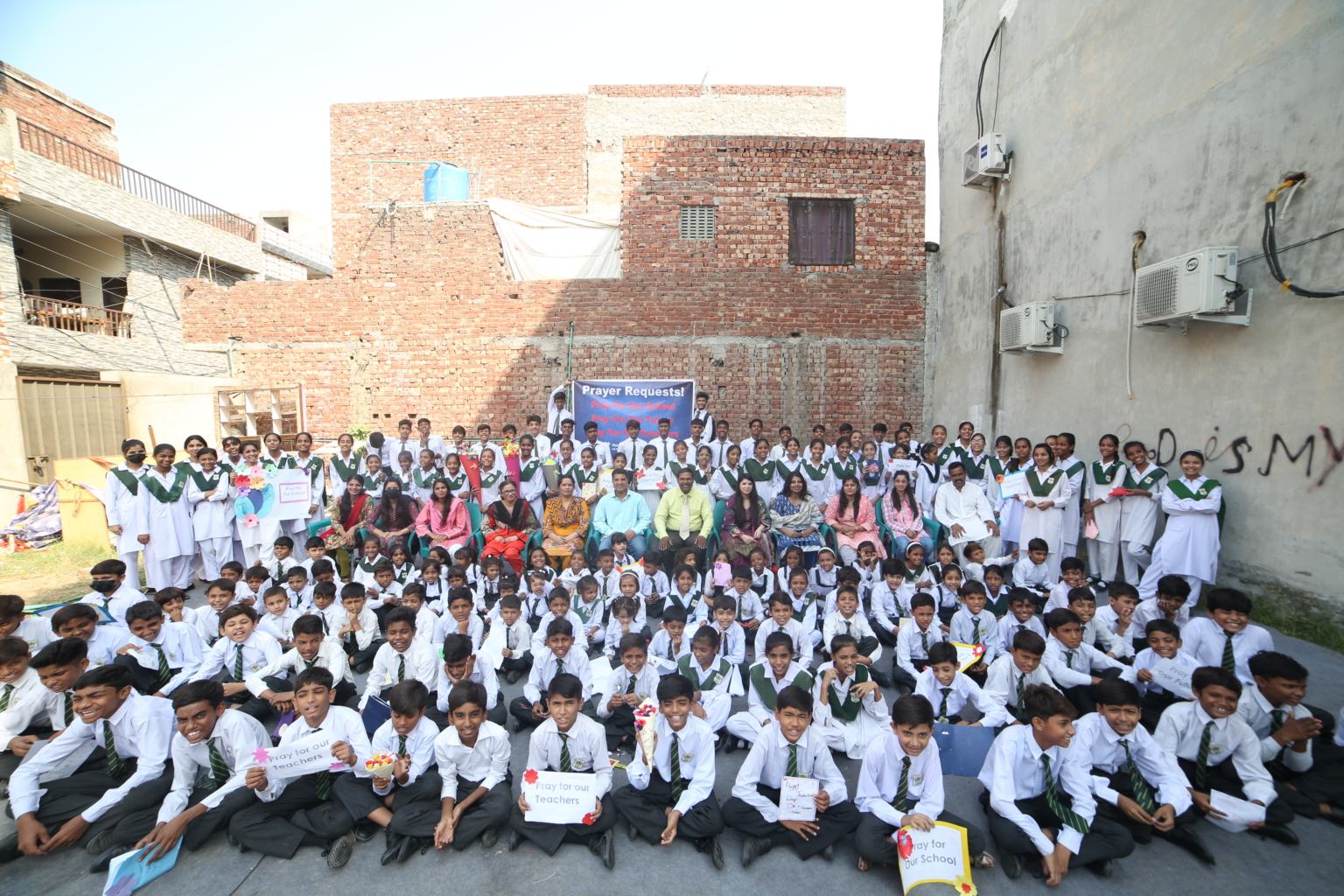 Maranatha pupils gathered for an outdoor assembly